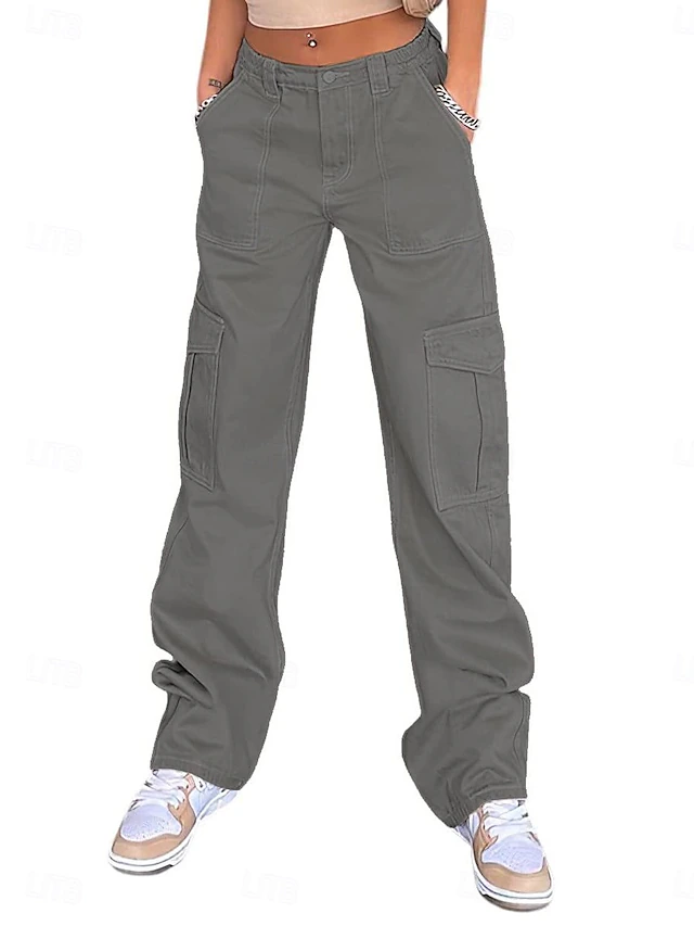 Women's Cargo Pants Chinos Fashion Streetwear Full Length High Waist Plain Pocket Comfy Soft Comfortable Micro-elastic Outdoor Street Black Khaki Gray Spring & Fall Regular Fit4