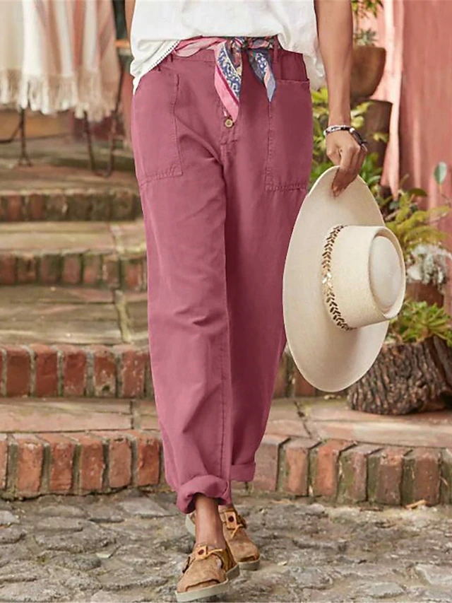 Women's Cotton Linen Pants Chinos Fashion Streetwear Full Length High Waist Plain Pocket Elastic Waistband Comfy Soft Comfortable Micro-elastic Outdoor Street Black Pink Green Gray Spring & Fall 14