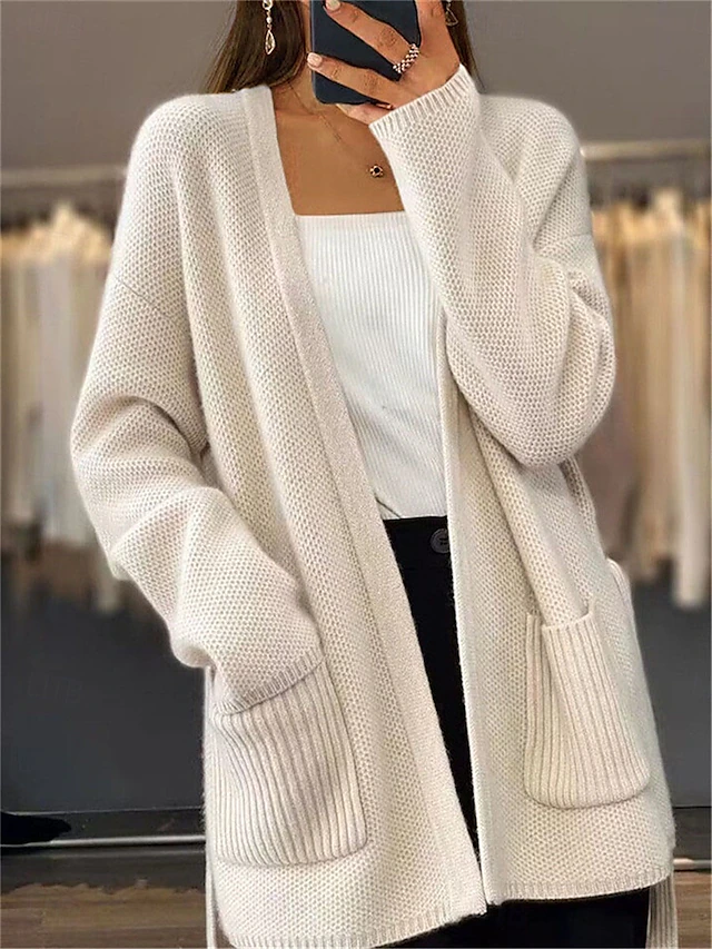 Women's Sweater Cardigan Casual Soft Pure Color Ribbed Open Front Pocket Knitted Long Sleeve Regular Tops Knit Outdoor Daily Weekend Green Beige Fall Winter 6