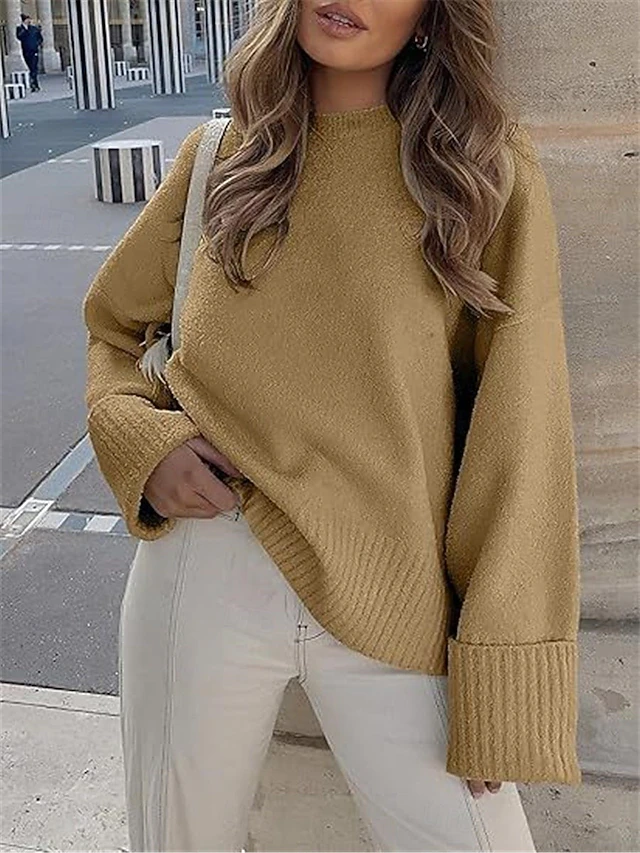 Women's Sweater Pullover Sweater Jumper Casual Soft Pure Color Ribbed Crew Neck Knitted Long Sleeve Regular Tops Knit Outdoor Daily Weekend Black White Fall Winter 7