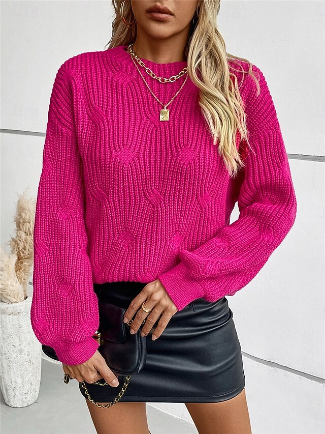 Women's Sweater Pullover Sweater Jumper Casual Soft Pure Color Ribbed Crew Neck Knitted Long Sleeve Regular Tops Knit Outdoor Daily Weekend Fuchsia Apricot Fall Winter 11