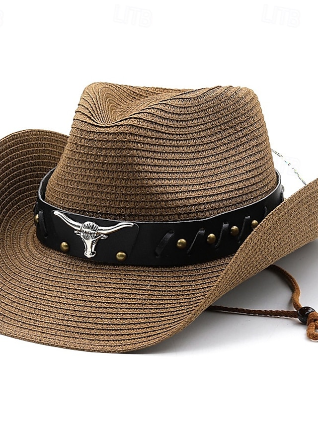  Per uomo Cappello di paglia Cappello da sole Cappello da cowboy Cappello Fedora Trilby Nero Bianco Corda di paglia Stile vintage Di tendenza 18esimo secolo Stato del Texas Giornaliero Festa a tema