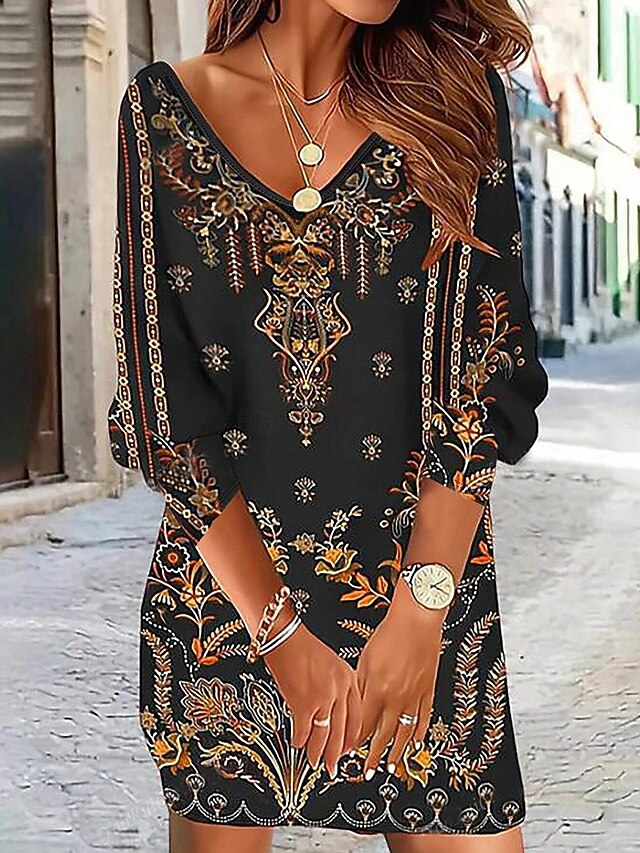 Women's Mini Dress Casual Dress Winter Dress Semi Formal Dress Shift Dress Casual Daily Cocktail Party Regular Fit Floral V Neck Black Fall Winter4