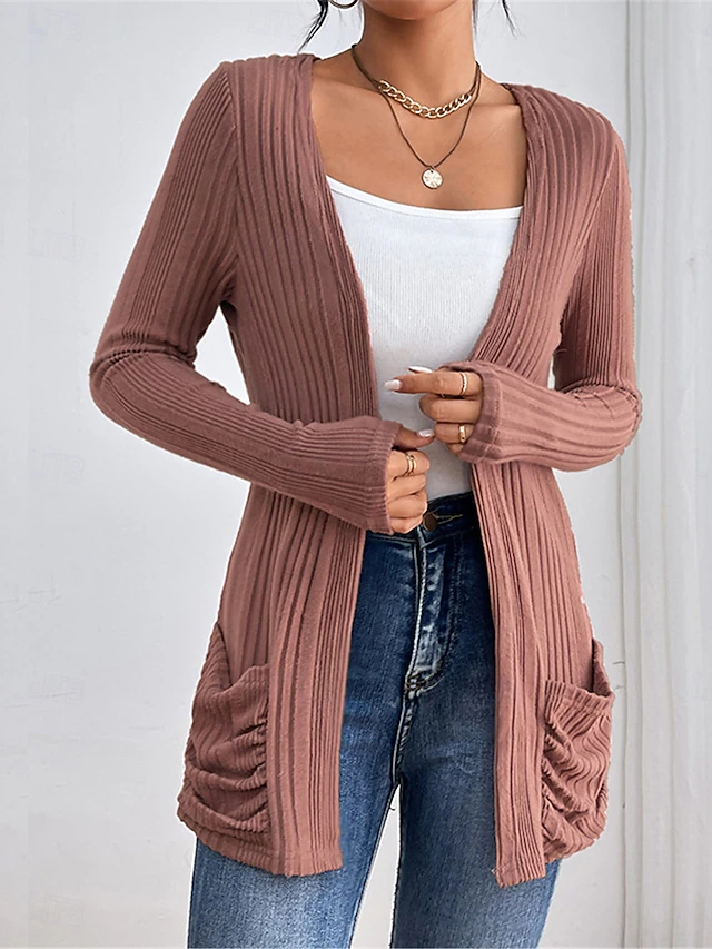 Women's Coat Outdoor Street Daily Wear Fall Winter Regular Coat Regular Fit Thermal Warm Breathable Stylish Casual Jacket Long Sleeve Plain with Pockets Black Pink Green 7