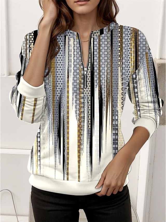  Suéter de mujer con cremallera en el cuello gráfico moda diaria impresión casual cuello redondo de manga larga micro-elástico otoño invierno confort transpirable tejido suave