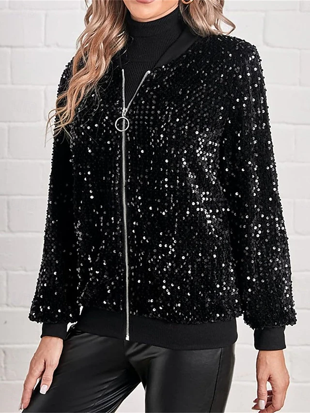 Women's Bomber Jacket Outdoor Street Daily Wear Fall Winter Short Coat Regular Fit Thermal Warm Breathable Stylish Casual Jacket Long Sleeve Plain Sequins with Pockets Black 6