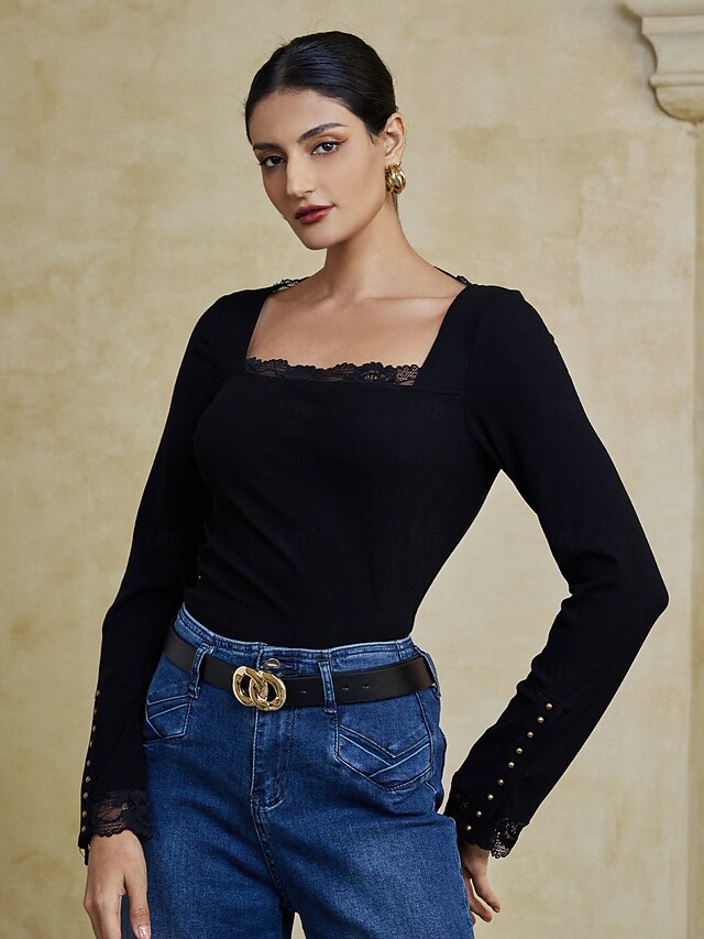 Cotton Lace Square Neck Long Sleeve Tshirt 2024 35.99