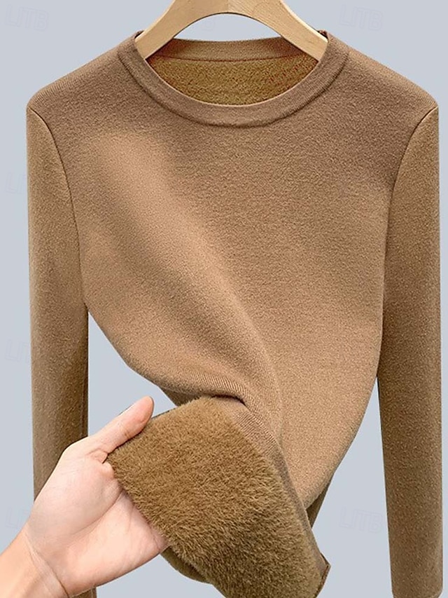  Dames Trui Modieus Dagelijks Basic Effen Kleur Strakke ronde hals Gebreid Lange mouw Normale tops breien Werk Zwart Kameel Herfst Winter