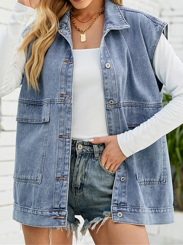 Women's Vest Outdoor Street Daily Wear Fall Winter Regular Coat Regular Fit Thermal Warm Breathable Stylish Casual Jacket Sleeveless Plain with Pockets Black Blue Khaki 12