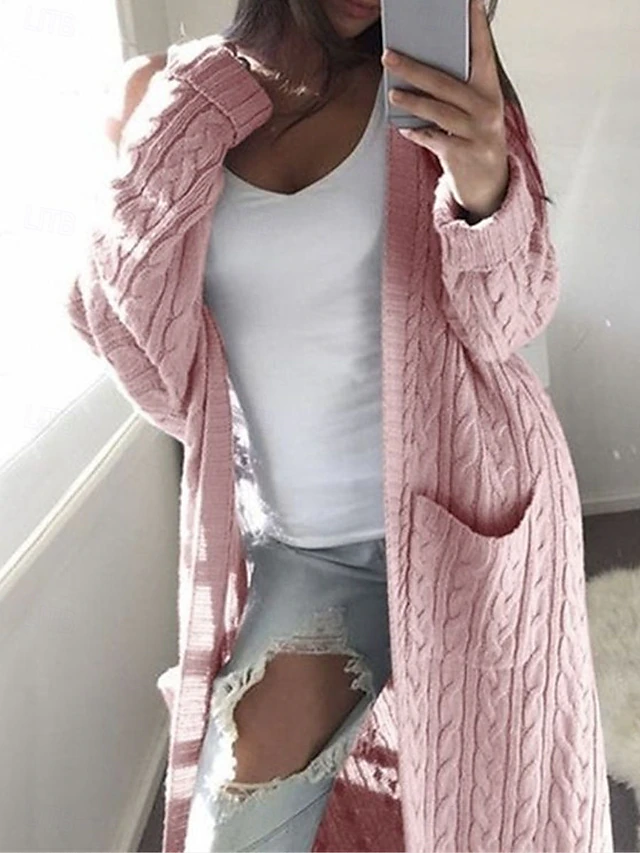 Women's Sweater Cardigan Casual Soft Pure Color Cable Open Front Pocket Knitted Long Sleeve Long Tops Knit Outdoor Daily Weekend White Pink Fall Winter4