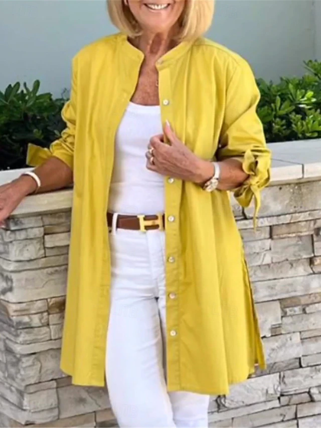 Women's Shirt Blouse Solid Color Basic Casual Long Sleeve Turtleneck Long Tops Daily Buttons Black Yellow Blue Fall Winter 5