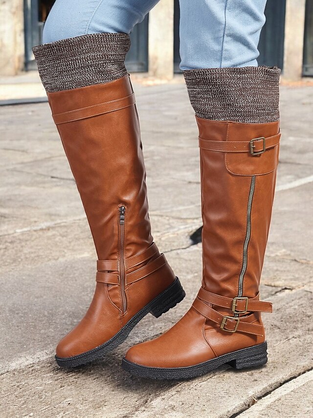 Women's Brown Knee-High Faux Leather Boots with Knit Cuff and Buckle Straps – Casual Winter Riding Boots 17