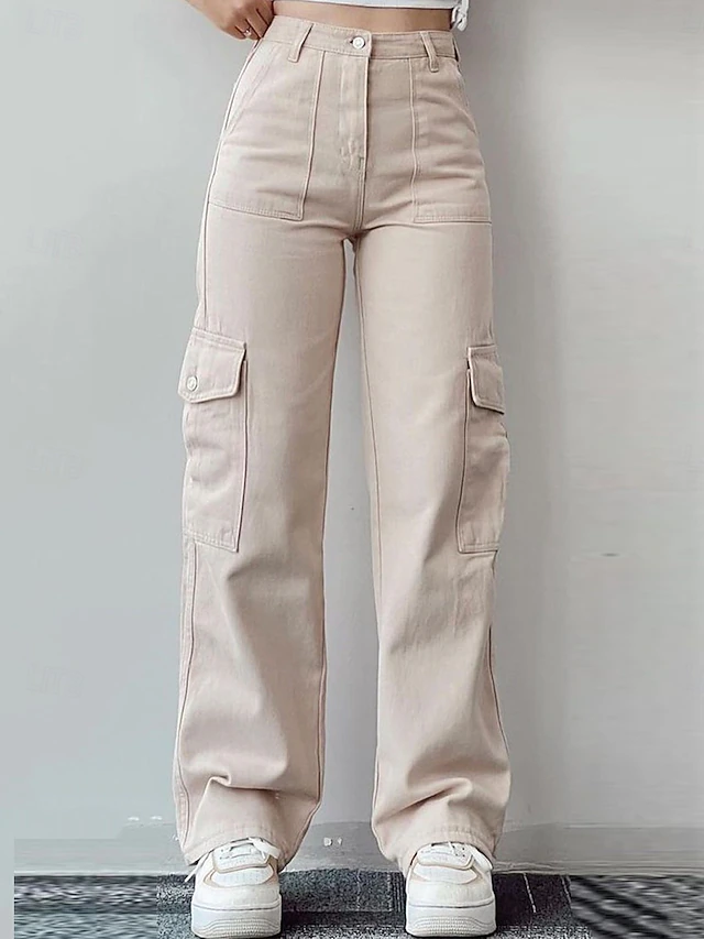 Women's Cargo Pants Chinos Fashion Streetwear Full Length High Waist Plain Pocket Comfy Soft Comfortable Micro-elastic Outdoor Street White Green Apricot Spring & Fall Regular Fit 6
