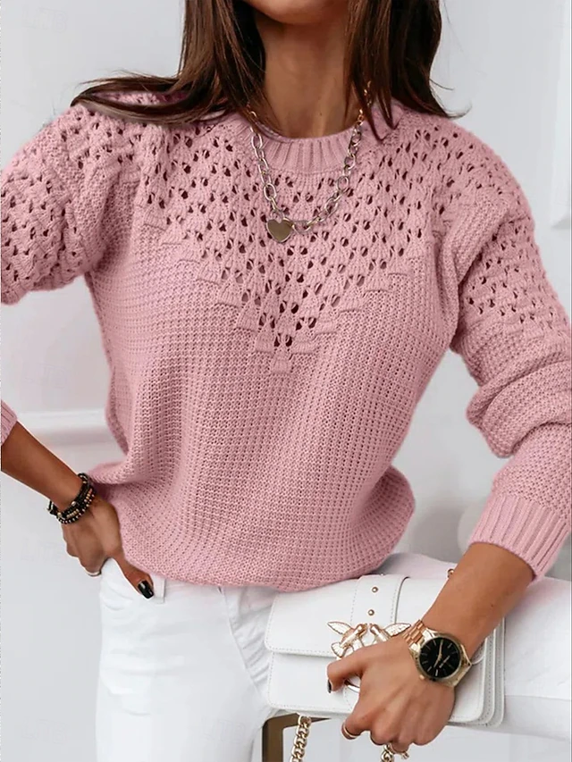 Women's Sweater Casual Soft Pure Color Ribbed Crew Neck Knitted Long Sleeve Regular Tops Knit Outdoor Daily Weekend White Pink Fall Winter 6