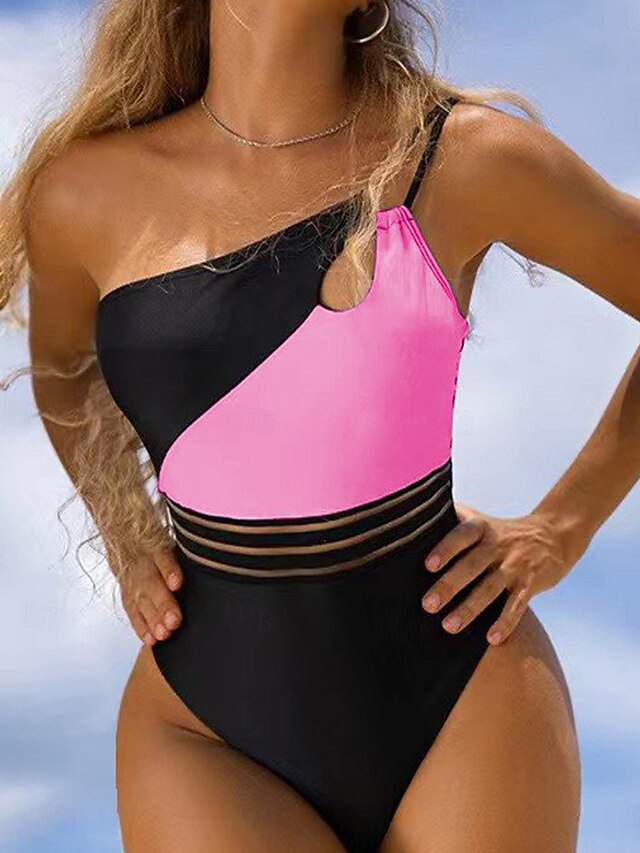  Dam Badkläder En bit Monokini Baddräkt Öppen rygg Magkontroll Hög midja Smal Semester Standkläder Färgblock Ärmlös Baddräkter