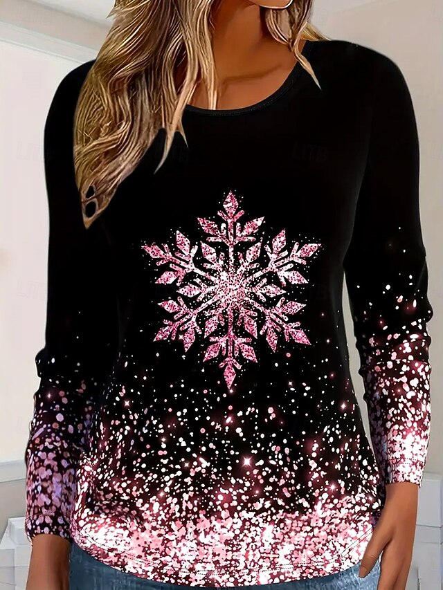 Women's T Shirt Long Sleeve Top Glitter Snowflake Crew Neck Sparkle Gradient Festive Winter Holiday Fashion Black Pink Shimmer Casual Comfort Stretch Fit Clothing Apparel 7