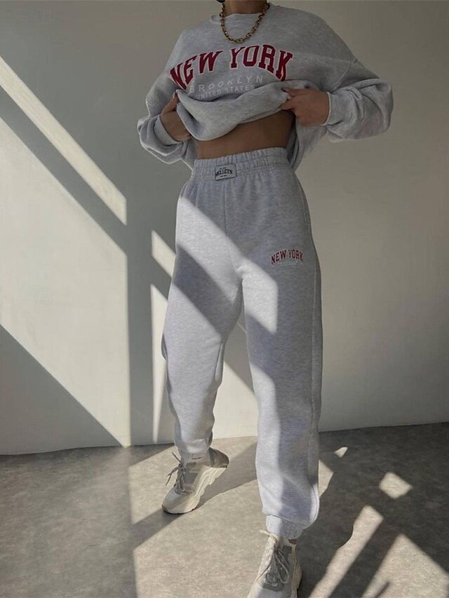  Dames Modieus Streetwear Dagelijks Sweatshirt Joggingbroeken Lange mouw Strakke ronde hals Brief Afdrukken Casual Dagelijks blauw Beige Grijs Herfst Normale pasvorm