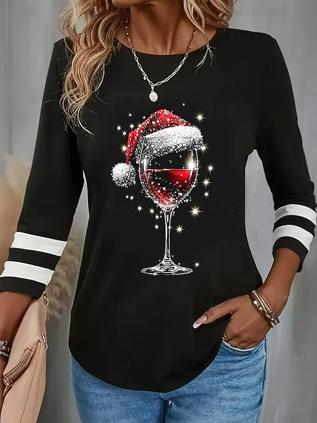Women's Shirt Blouse Wine Glass Casual Long Sleeve Crew Neck Regular Tops Christmas Daily Patchwork Black Wine Blue Green Fall Winter 7