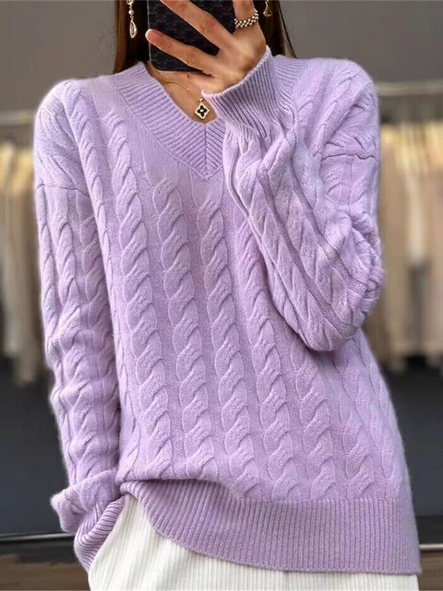 Women's Sweater Pullover Sweater Jumper Casual Soft Pure Color Cable V Neck Knitted Long Sleeve Regular Tops Knit Outdoor Daily Weekend Camel Purple Fall Winter4