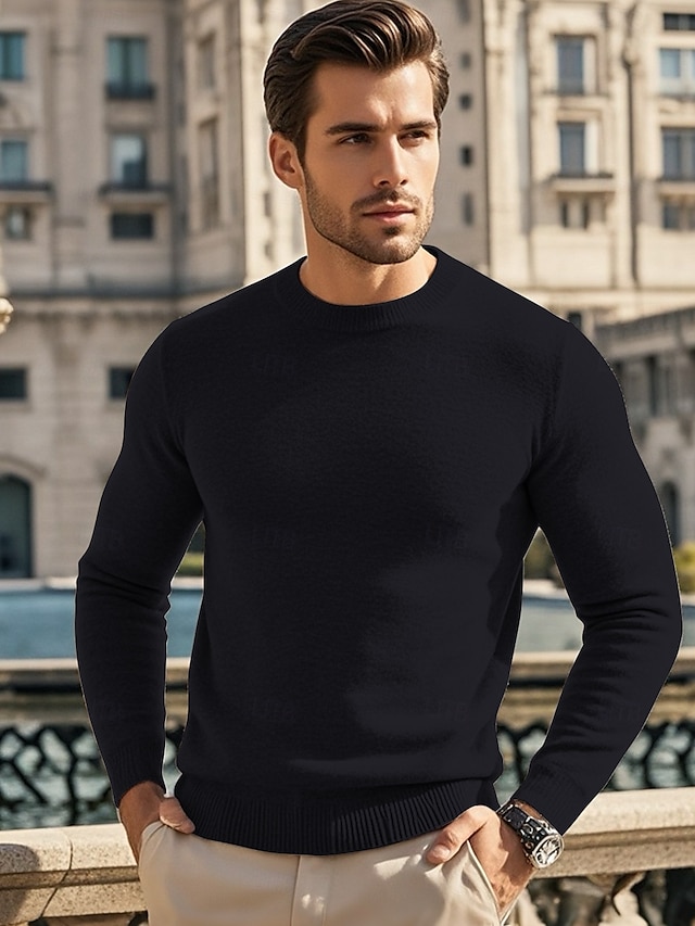  Men's Wool Sweater Pullover Sweater Jumper Cashmere Cashmere Sweater Knit Sweater Ribbed Knit Regular Knitted Plain Crew Neck Fashion Casual Daily Wear Date Clothing Apparel Fall & Winter Black Blue