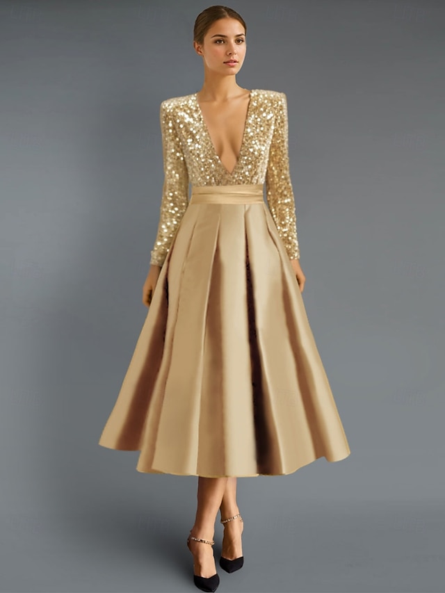  Abiti da cocktail A-Line in oro nero Abito elegante Matrimonio formale Lunghezza tè Maniche lunghe V Neck Matrimonio autunnale Ospite in satin con paillettes scintillanti Abiti Derby 2025