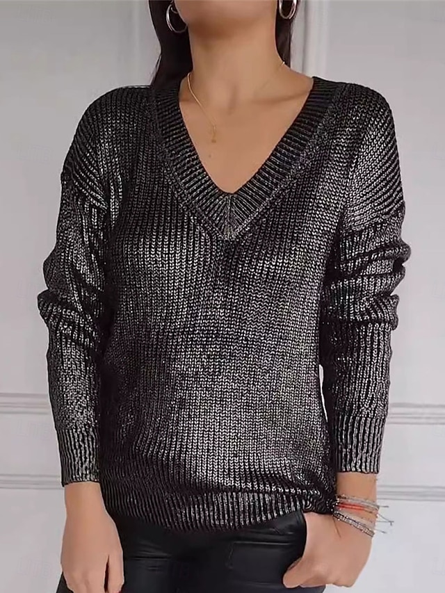 Women's Sweater Pullover Sweater Jumper Casual Soft Pure Color Ribbed V Neck Knitted Long Sleeve Regular Tops Knit Outdoor Daily Weekend Silver Black Fall Winter 6