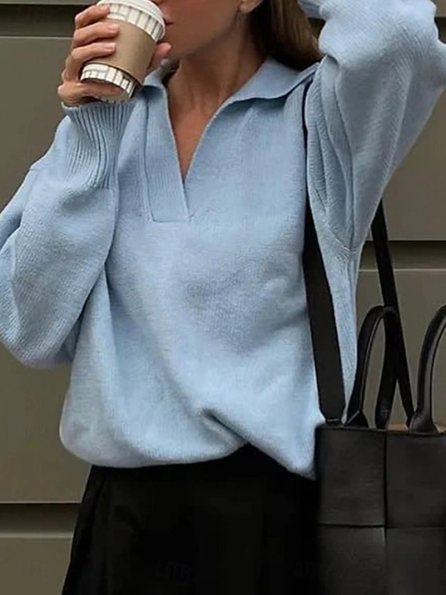 Women's Sweater Pullover Sweater Jumper Casual Soft Pure Color Ribbed Shirt Collar Knitted Long Sleeve Regular Tops Knit Outdoor Daily Weekend White Green Fall Winter 13