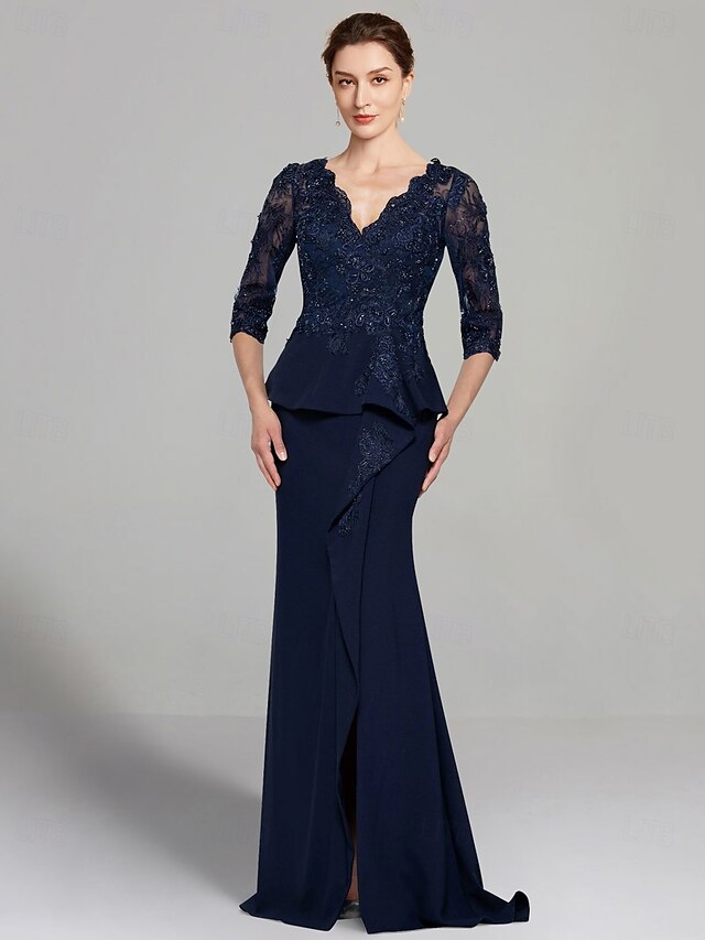  Abito Sheath Madre della Sposa Abito Elegante V Scollo Lunghezza Piena Chiffon Elasticizzato Manica 3/4 con Pieghe in Pizzo Colore Solido