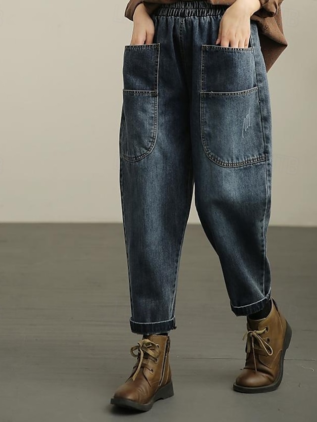  Per donna Normale Jeans Pantaloni stile harem Di tendenza Streetwear Classico Lunghezza intera Vita alta Tinta unica Tasche Traspirante Morbido Media elasticità Esterno Informale [nero] Blu Primavera