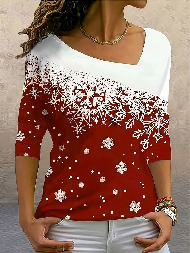 Women's T Shirt Snowflake Print 3/4 Sleeve Scoop Neck Gradient Red White Holiday Casual Festive Winter Top Comfortable Soft Touch Regular Fit 7