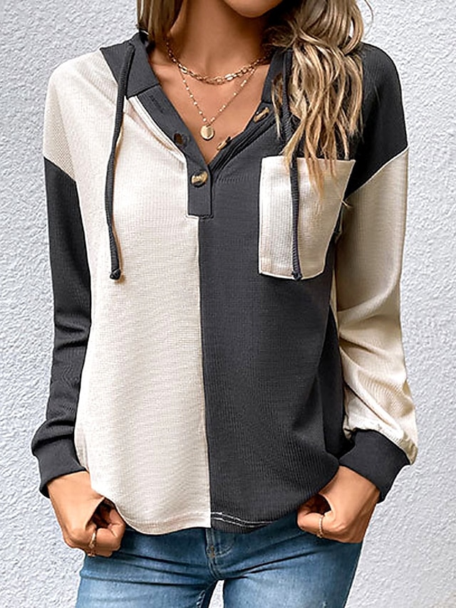  Women's Sweatshirt Casual Color Block Street Dailywear Hoodie Patchwork Buttons Pocket Long Sleeve Black Blue Beige Fall Winter