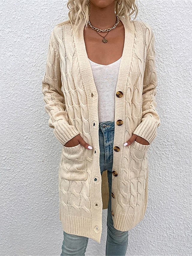 Women's Sweater Cardigan Casual Soft Pure Color Ribbed V Neck Pocket Knitted Long Sleeve Long Tops Knit Outdoor Daily Weekend Red Green Fall Winter 11