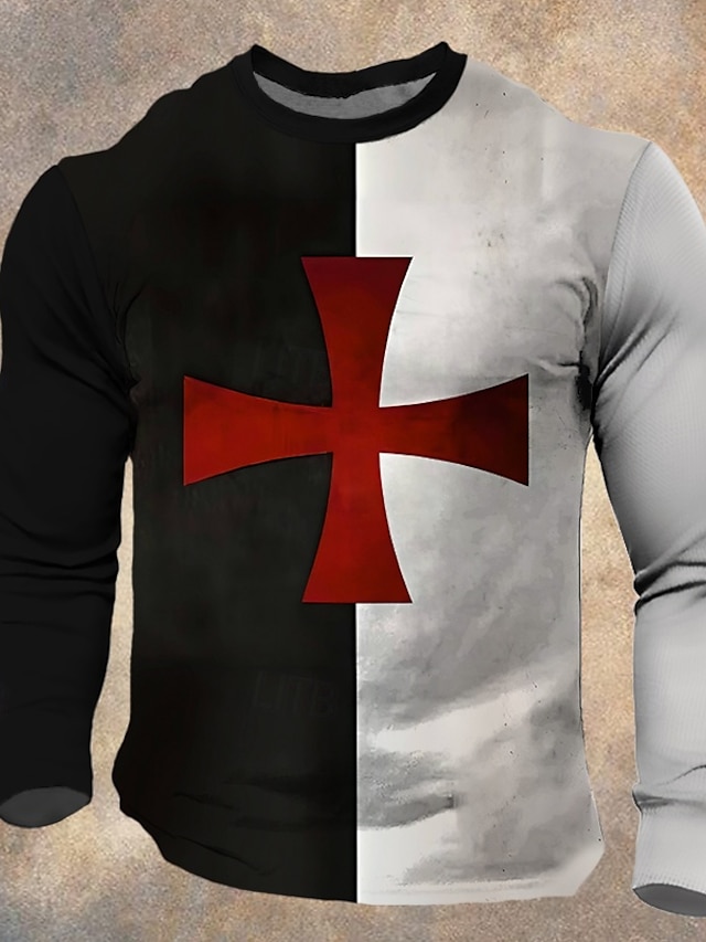  Voor heren Tempelierskruis T-shirt Lange mouw T-shirt 3D-afdrukken Strakke ronde hals Overhemd Dagelijks Ontwerper Vintage Retro Straat Casual Zwart / Wit Zomer Lente Herfst Kleding S M L XL XXL XXXL