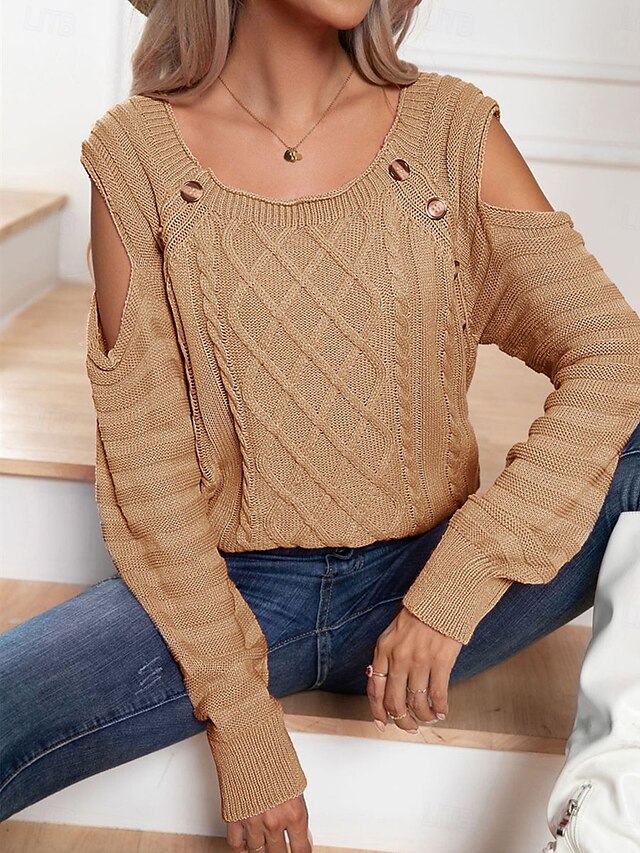  Dame Genser Pullover genser Fritid Myk Ren farge Kabel Crew-hals Knapper Strikket Kald skulder Langermet Vanlige topper Strikke utendørs Daglig Helg Hvit Fuksia Høst Vinter
