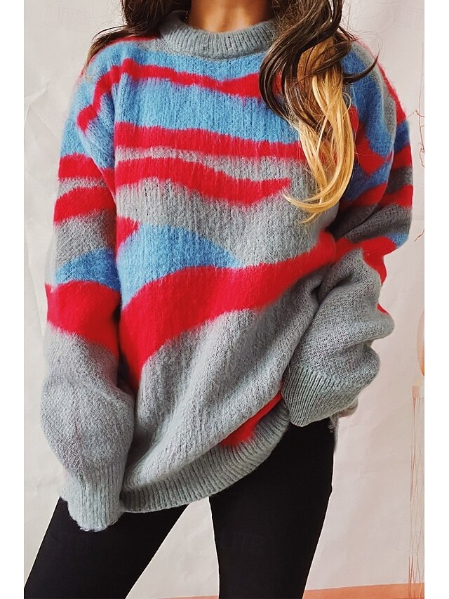 Women's Sweater Pullover Sweater Jumper Casual Soft Graphic Ribbed Crew Neck Knitted Long Sleeve Regular Tops Knit Outdoor Daily Weekend Red Fall Winter4