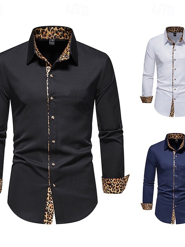  Herre Jakkesætsskjorter Skjorte med krave Button Up skjorte Leopard Bryllup Daglig Sort Hvid Navyblå Langærmet Alle årstider Tøj