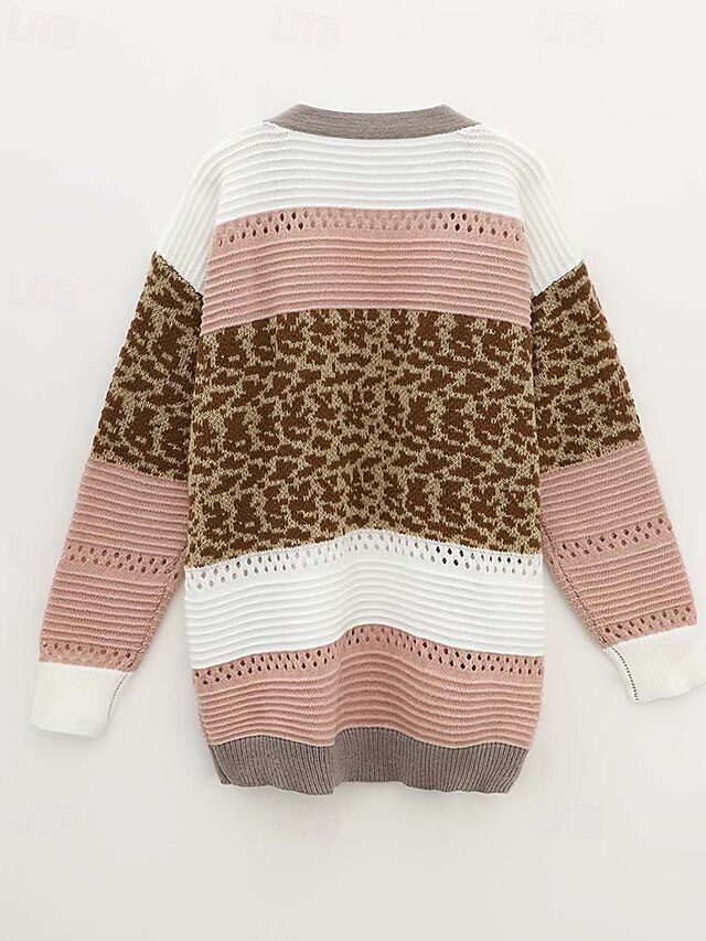 Women's Long CardiganL Leopard Striped Knit Hollow Out Knitted Fall