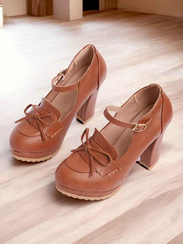 Women's Vintage Brown Mary Jane Pumps - Chunky Heel Platform Shoes with Bow Detail, Ideal for Retro and Classic Outfits, Perfect for Office, Parties, and Special Occasions 9