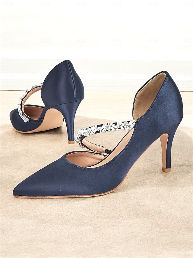  Damen-Pumps aus Satin mit Strasssteinen verziert – elegante Pumps mit spitzer Spitze für formelle Anlässe und Hochzeiten