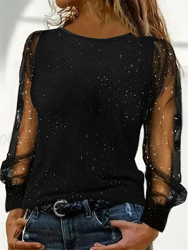 Women's Sequin Sparkly Party Glitter Plain Fashion Modern Casual Long Sleeve Crew Neck Regular Tops Daily Weekend Patchwork Mesh Black Wine Blue Fall Winter4