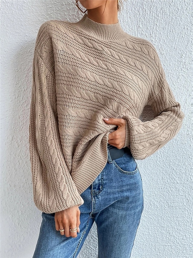 Women's Sweater Pullover Sweater Jumper Casual Soft Pure Color Cable Turtleneck Knitted Long Sleeve Regular Tops Knit Outdoor Daily Weekend Black Green Fall Winter 9