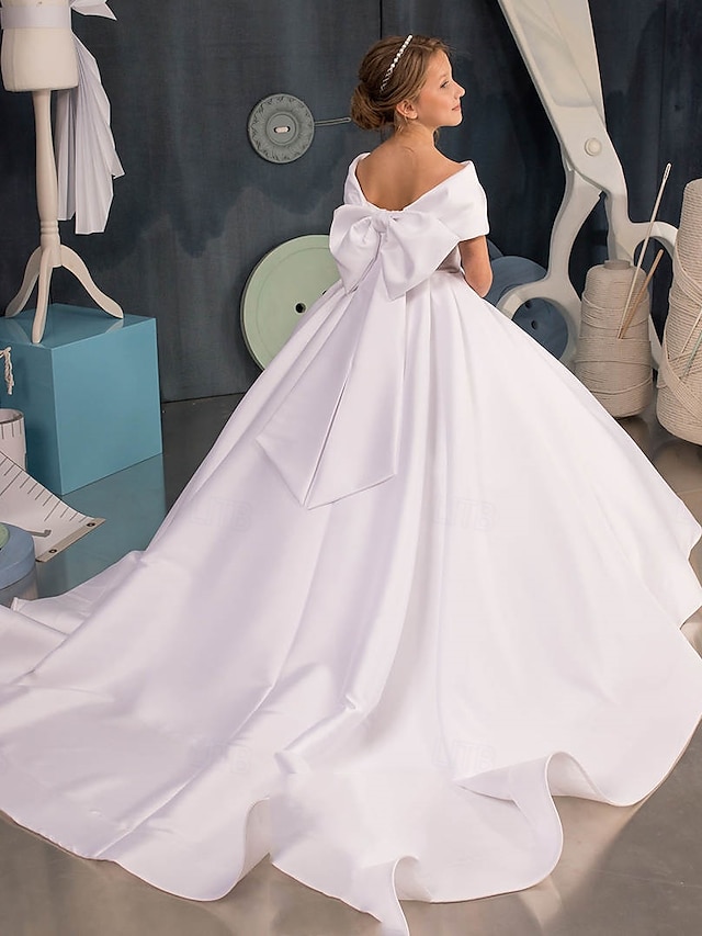  abito da damigella con strascico a trapezio e strascico a spazzola, festa di nozze, frozen anna, grazioso abito da ballo in raso e chiffon con fiocco/i, elegante mini abito da sposa, taglia 3-16 anni