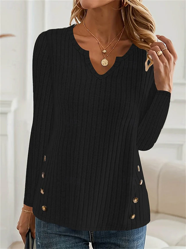 Women's Sweater Casual Soft Pure Color Ribbed V Neck Buttons Knitted Long Sleeve Regular Tops Knit Outdoor Daily Weekend Black Fall Winter 6