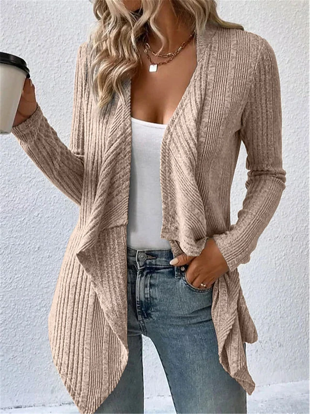 Women's Sweater Cardigan Casual Soft Pure Color Ribbed Open Front Knitted Long Sleeve Long Tops Knit Outdoor Daily Weekend Green Khaki Fall Winter 7