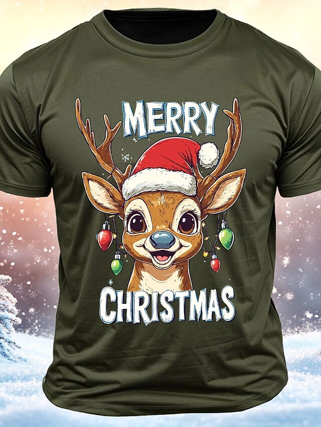 Christmas Hat Deer Black Red Army Green T shirt Tee Men's Graphic 100