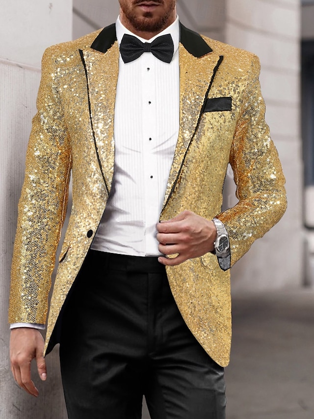  男性用 ブレザージャケット タキシード ぜいたく 光沢タイプ パッチワーク ソリッド Blazer ブラック Sliver ルビーレッド スタンダードフィット シングルブレスト 一つボタン