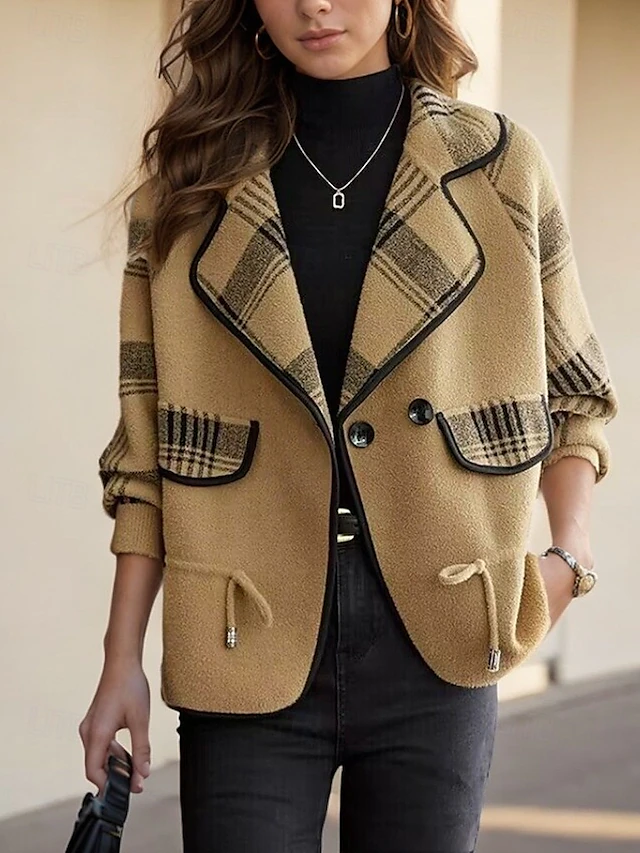 Women's Sweater Cardigan Sweater Jacket Shirt Collar Knit Patchwork Button Knitted Raglan Sleeves Spring Fall Daily Holiday Weekend Daily Stylish Casual Long Sleeve Plaid Color Block Black 9