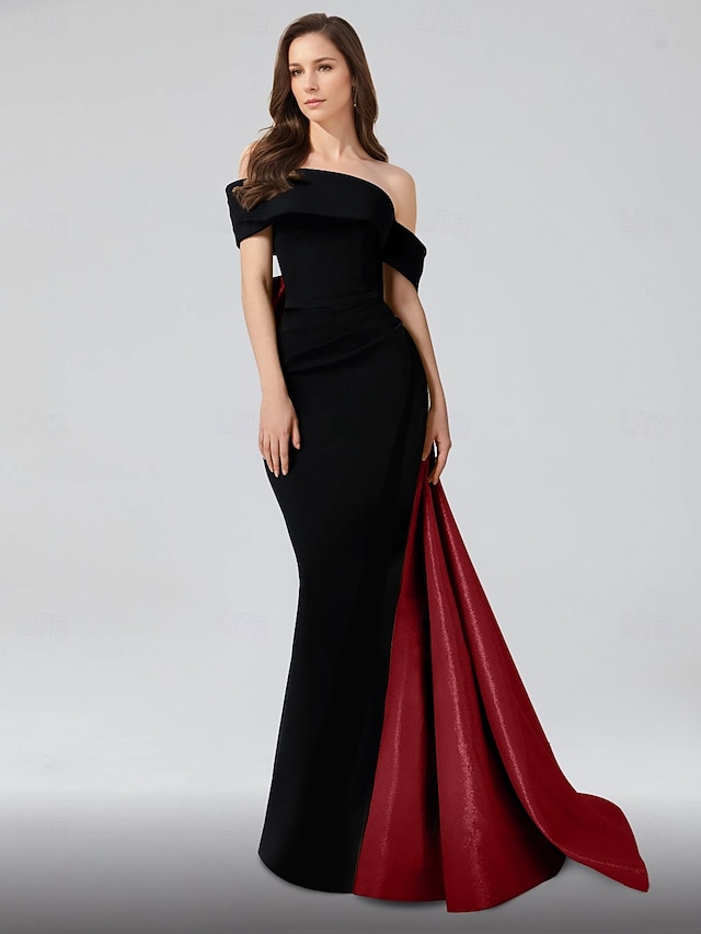  A-Linie Abendkleid Elegantes Kleid Formelles Bodenlänglich Kurzarm Ein-Schulter-Tasche Satin mit Schleife(n)