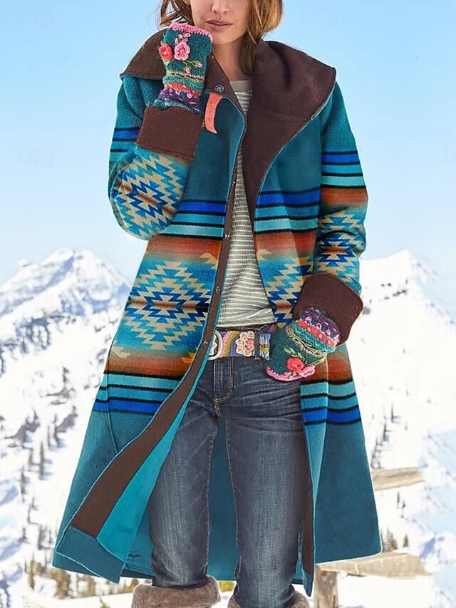 Women's Coat Warm Comfortable Pocket Casual Geometric Daily Wear Single Breasted Turndown Loose Fit Long Sleeve Outerwear Black Red Green Fall Winter4