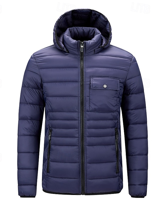  Homens Jaqueta de Inverno Casaco puffer Acolchoado Bolsos Com Capuz Poliéster Bolsos Ao ar livre Encontro Casual / Diário Padrão Moda Casual Térmico / Quente A Prova de Vento Inverno Tecido Cinzento